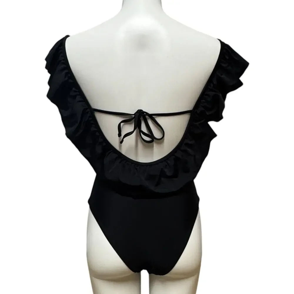 Altar'd State Ruffle Lace Up One Piece Swimsuit Black Small